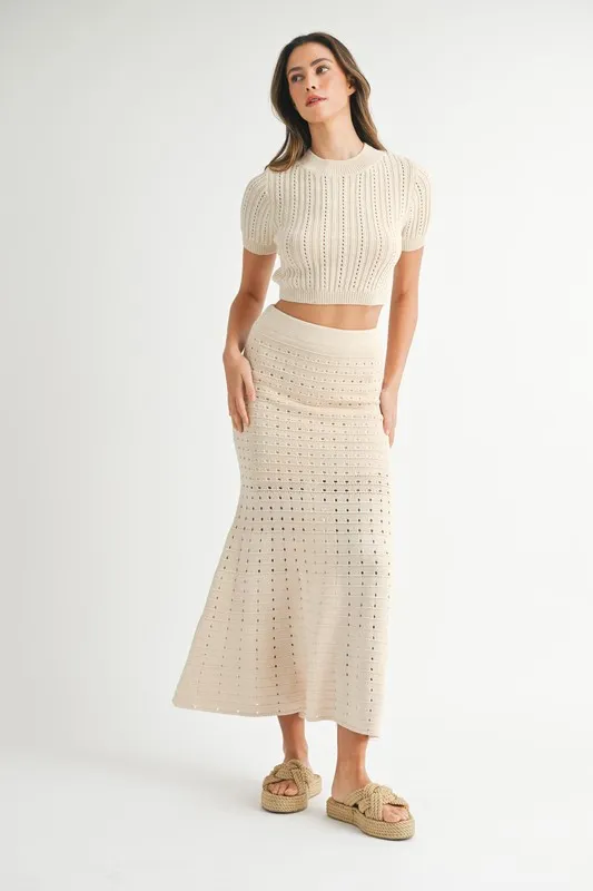 Pointelle Short Sleeve Crop Top and Slit Skirt Sweater Set, image 2