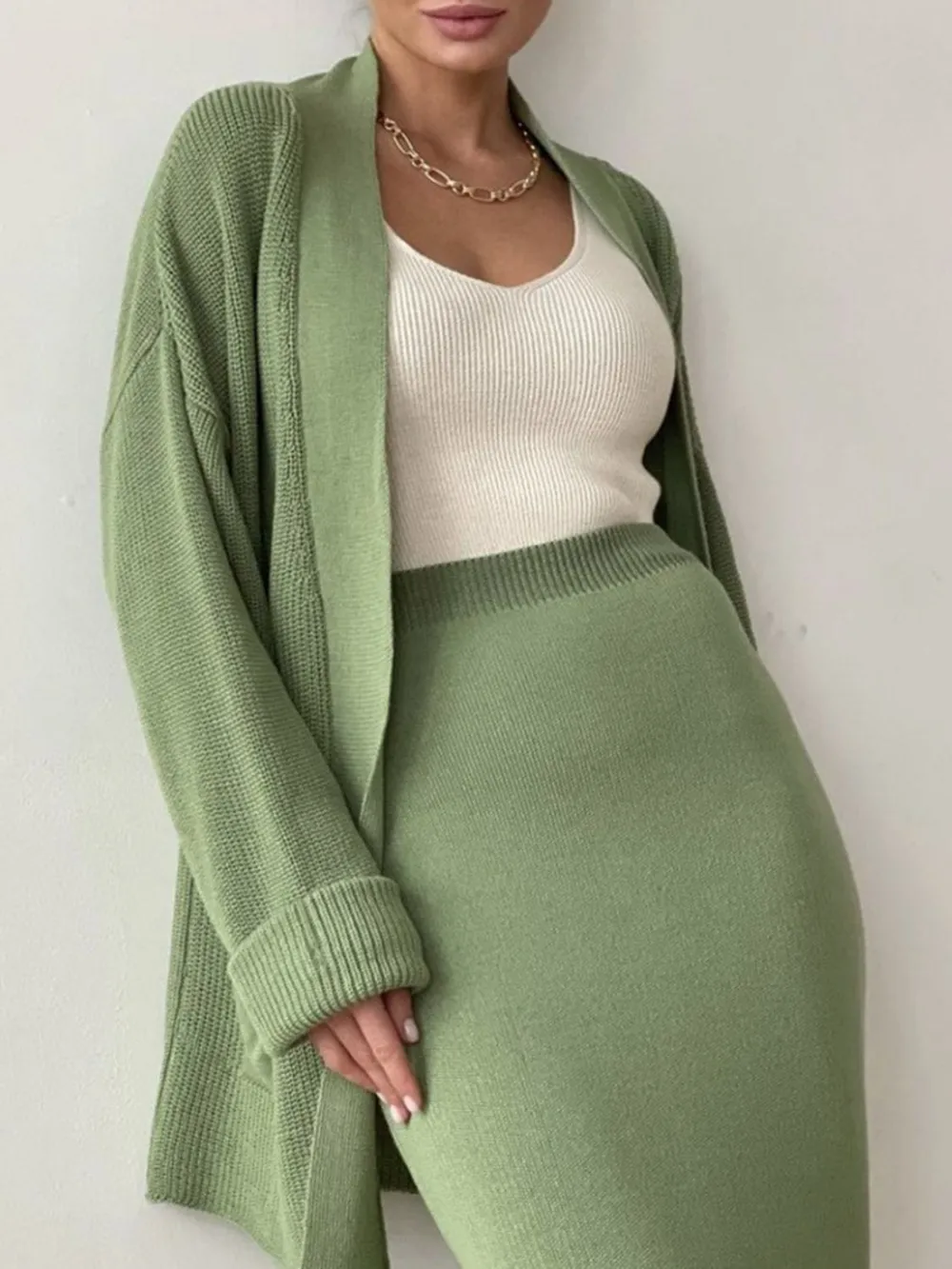 Pocketed Long Sleeve Cardigan and Skirt Sweater Set, image 13