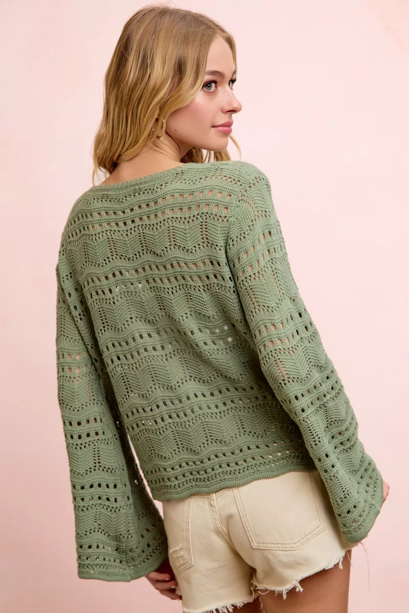 Pointelle Knit V Neck Ruched Front Lightweight Top, image 13