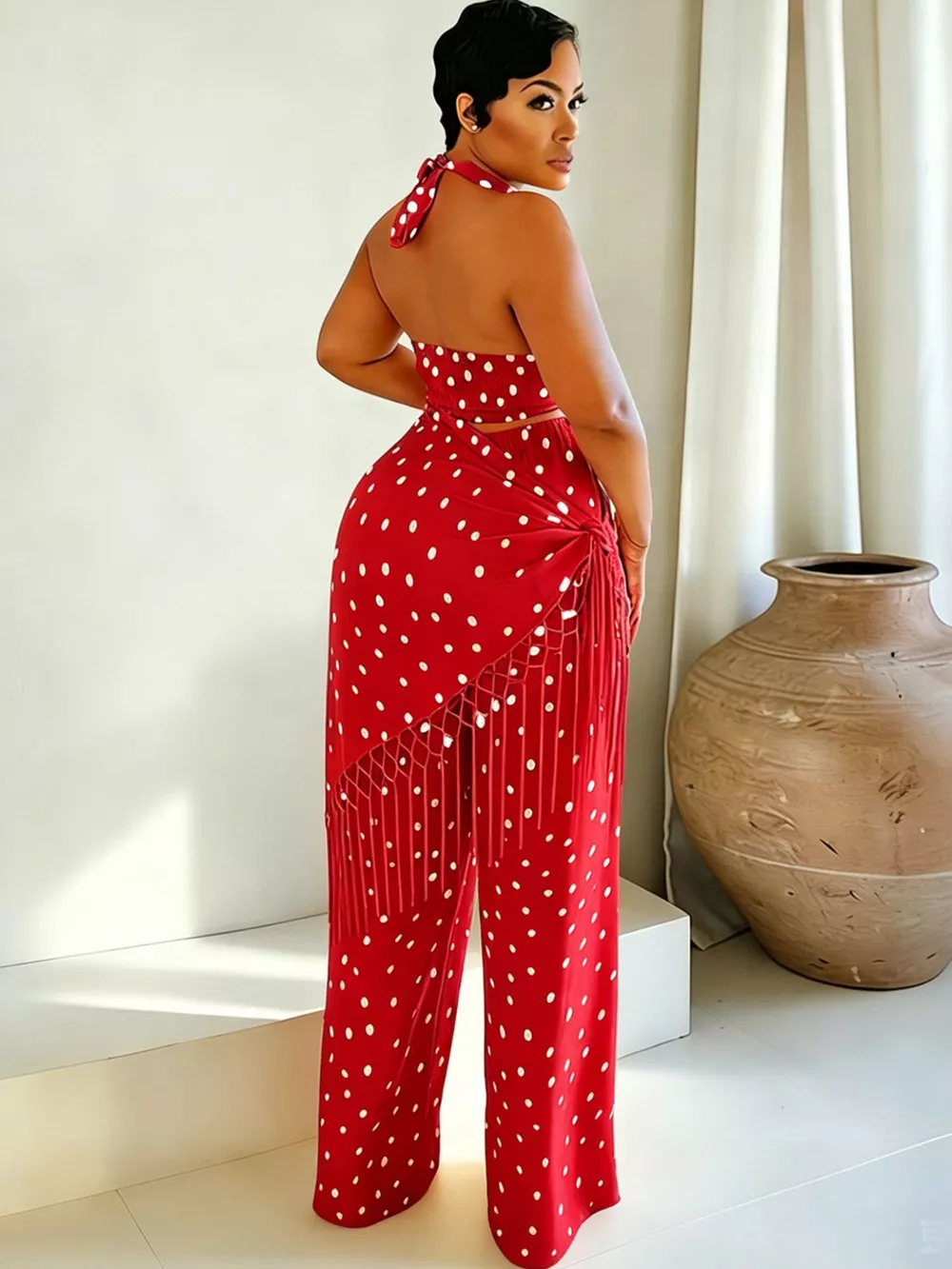 Polka Dot Halter Neck Cami and Fringe Trim Pants Set, image 13