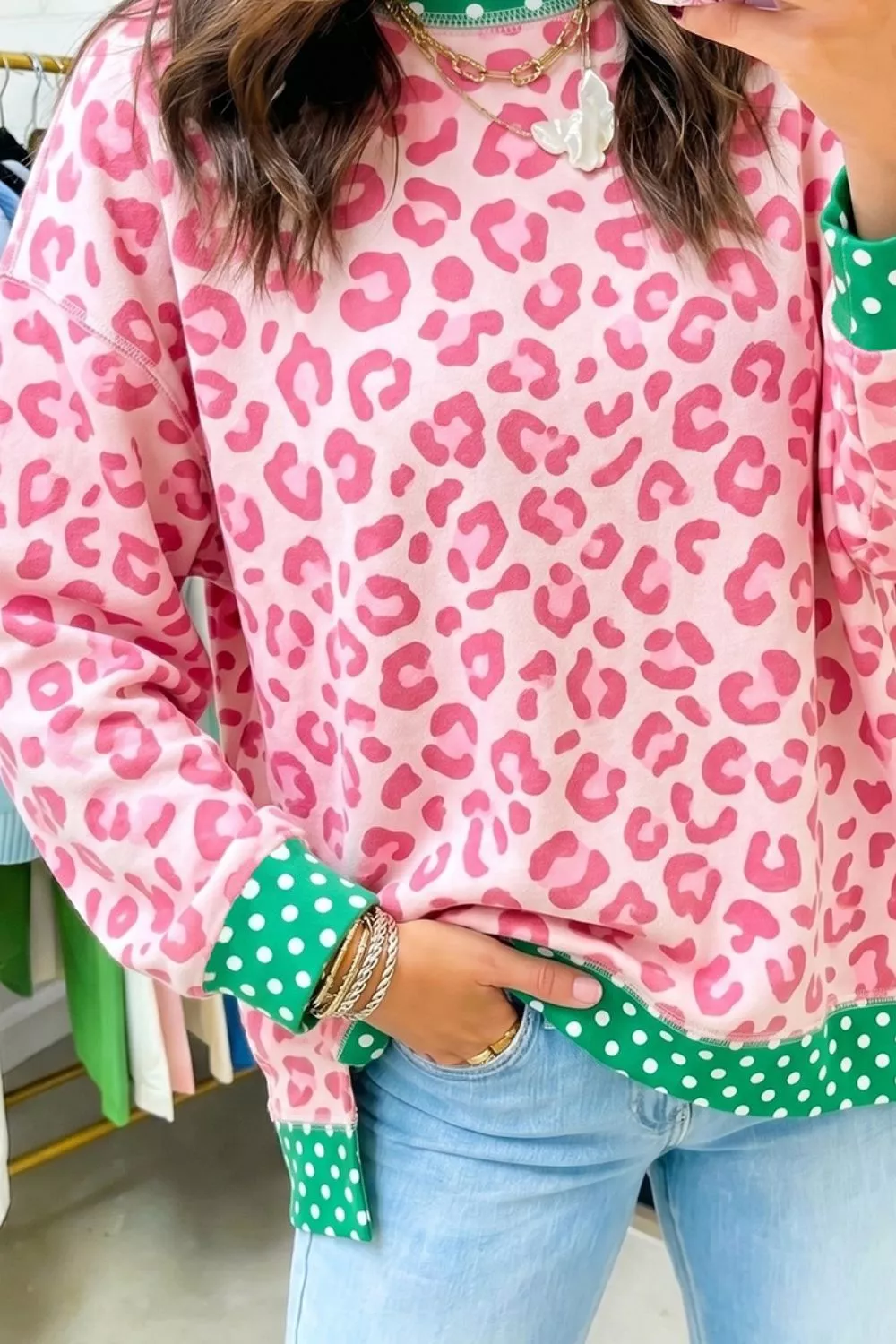 Leopard Polka Dot Trim Round Neck Sweatshirt, image 3