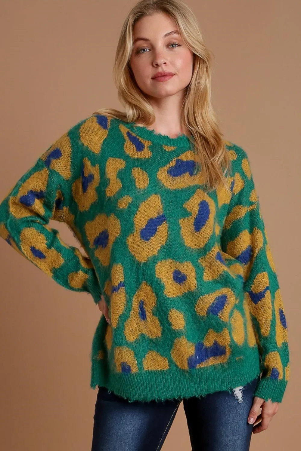 Full Size Leopard Destroyed Rib Band Sweater Plus Size