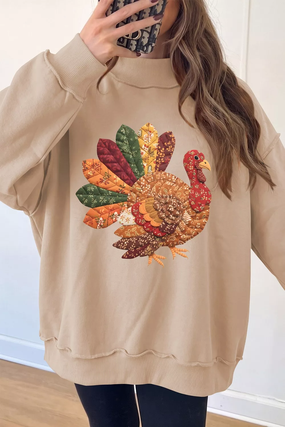 Thanksgiving Patchwork Turkey Graphic Mock Neck Sweatshirt, image 2