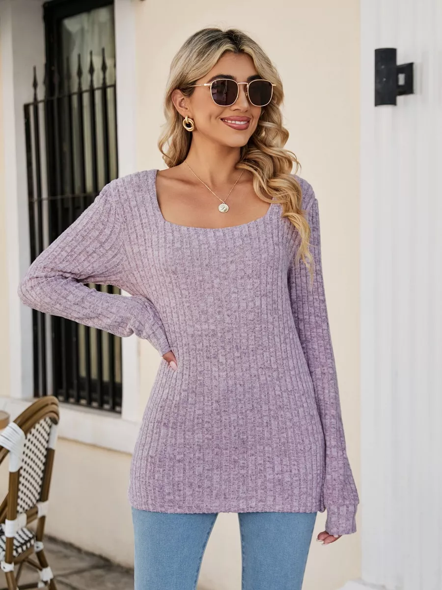 Ribbed Square Neck Long Sleeve T-Shirt, image 2