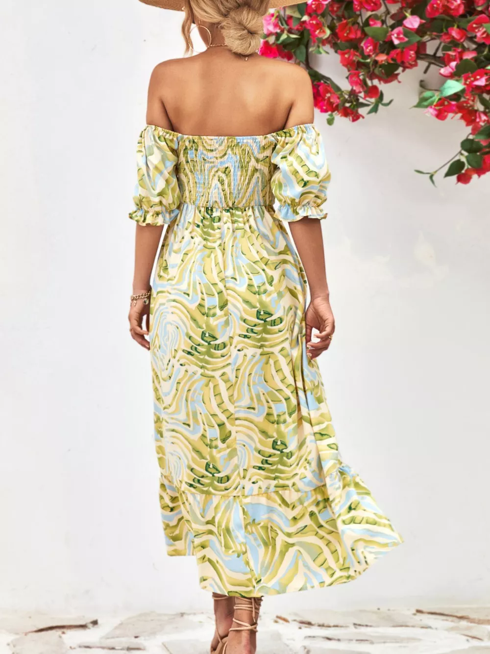 Smocked Printed Puff Sleeve Midi Dress, image 3