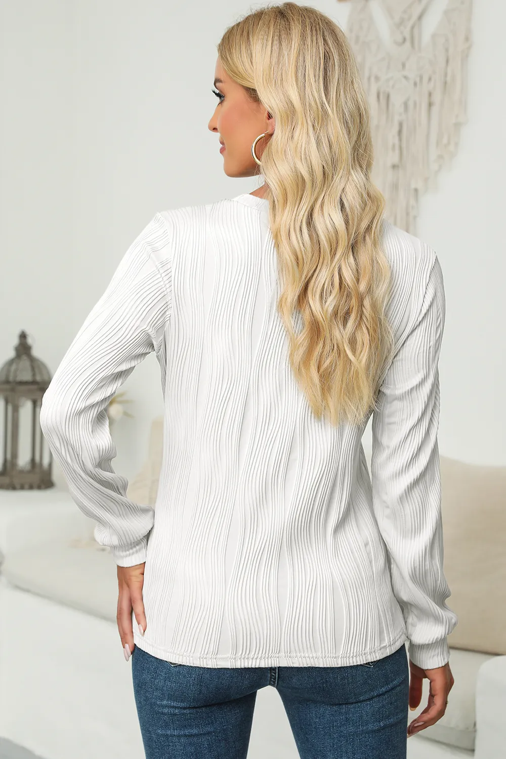 Textured Round Neck Long Sleeve Blouse, image 8
