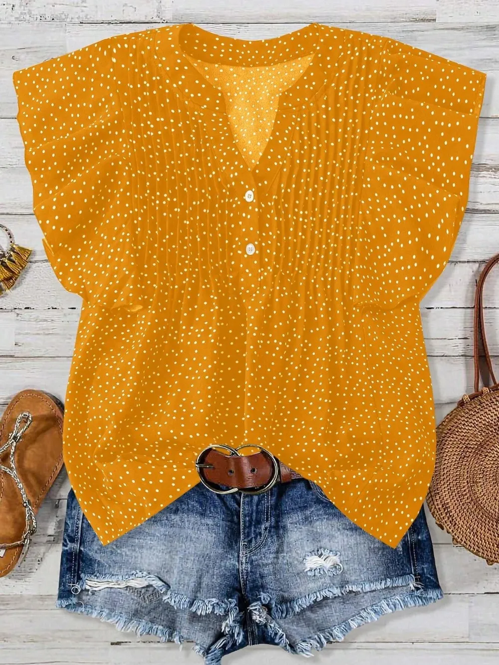 Polka Dot Notched Ruffled Cap Sleeve Blouse, image 7