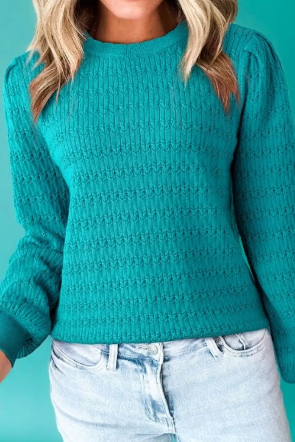 Texture Round Neck Long Sleeve Sweater, image 2