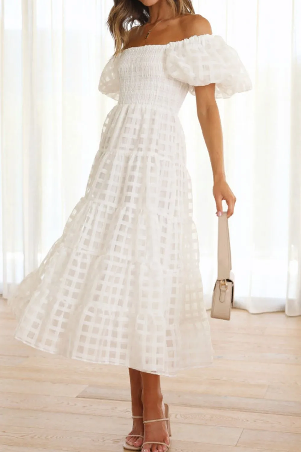Off Shoulder Short Puff Sleeve Midi Dress, image 12