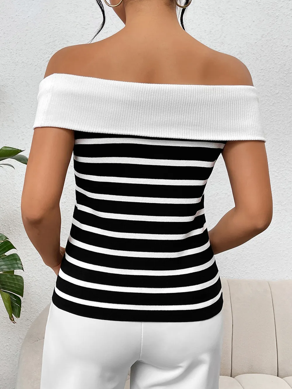 Decorative Button Striped Off-Shoulder Knit Top, image 13