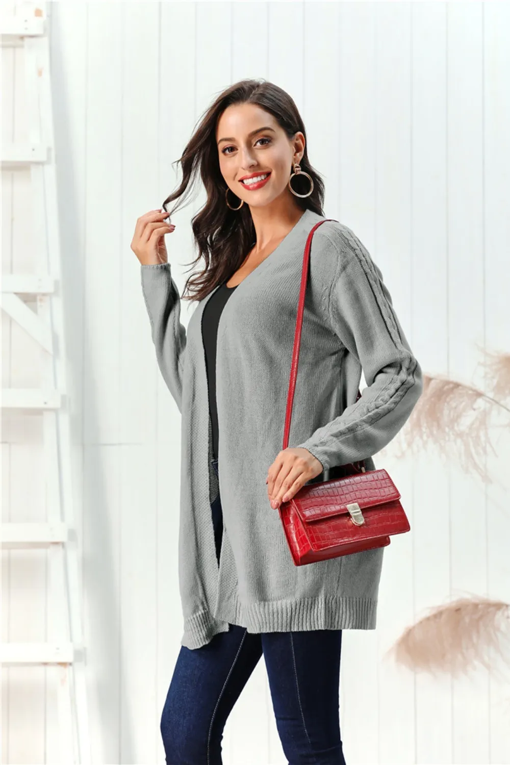 Cable-Knit Open Front Long Sleeve Cardigan, image 8