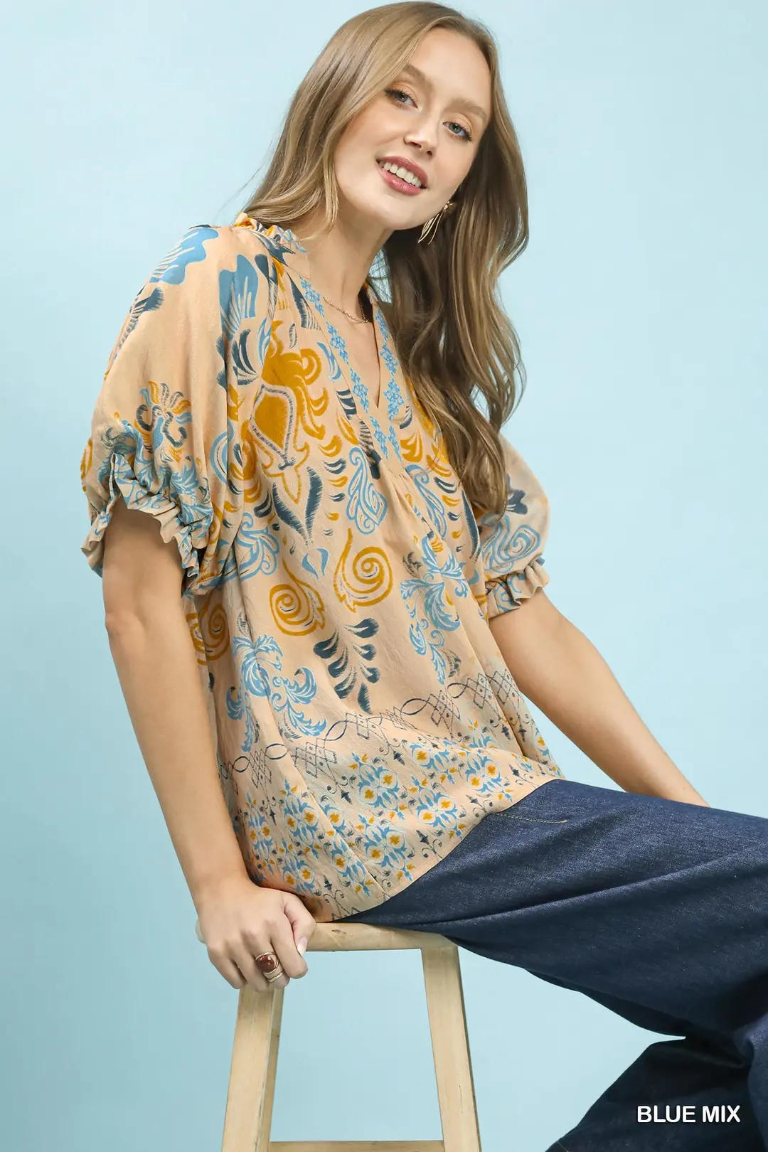 Border Print Puff Sleeve V-Neck Blouse, image 6