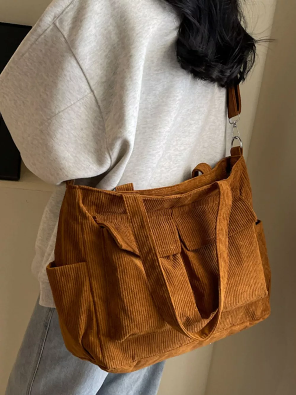 Corduroy Large Tote Bag with Adjustable Strap, image 4