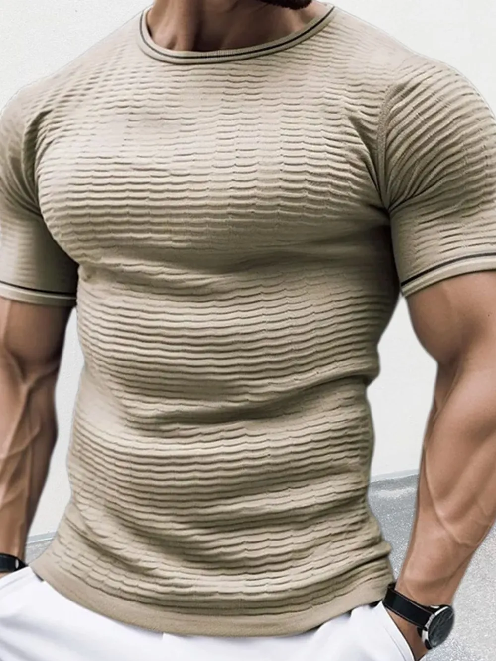Men's Plus Size Texture Round Neck Contrast Trim T-Shirt, image 4