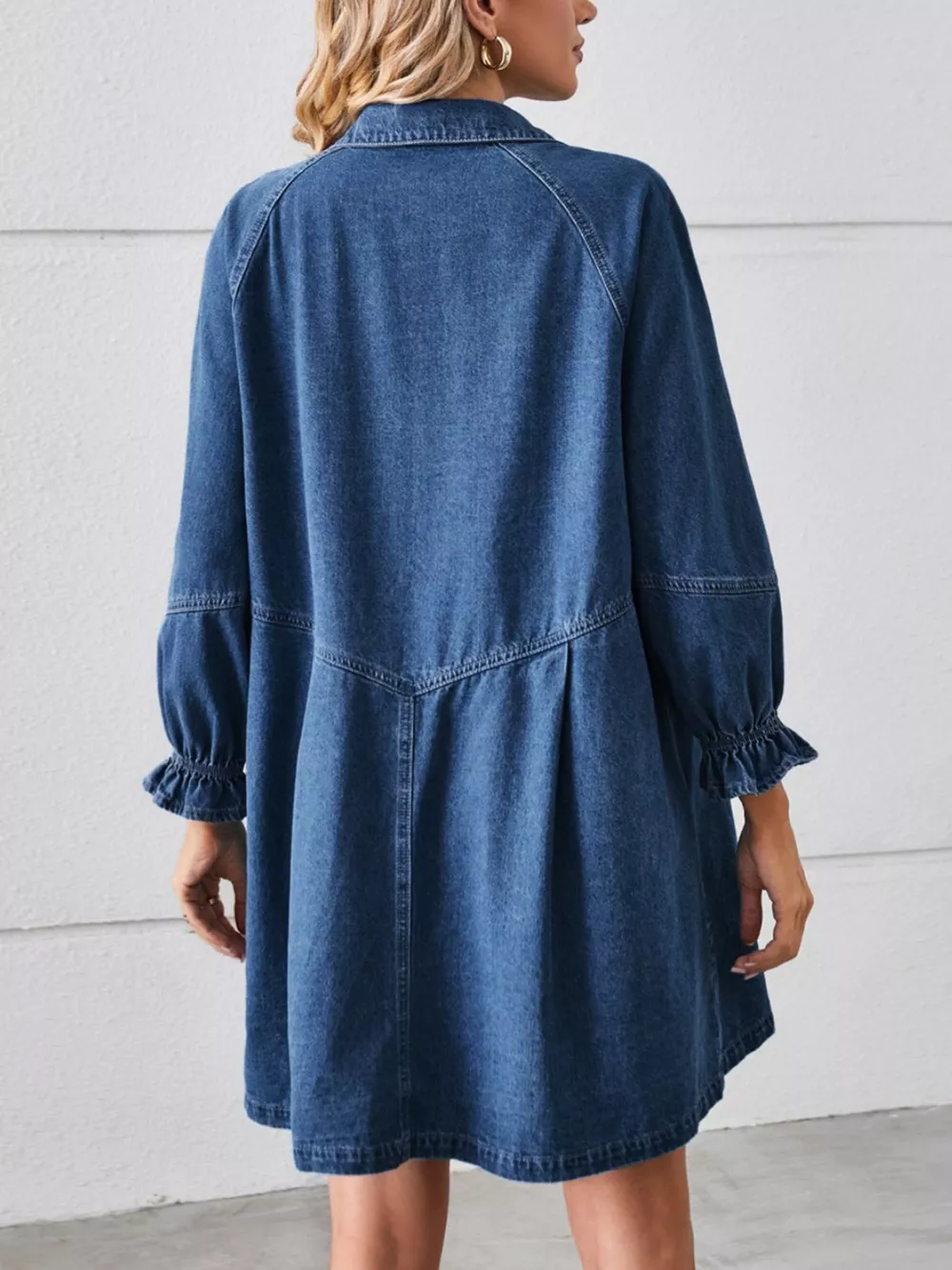 Button Down Ruffle Cuff Denim Dress, image 4