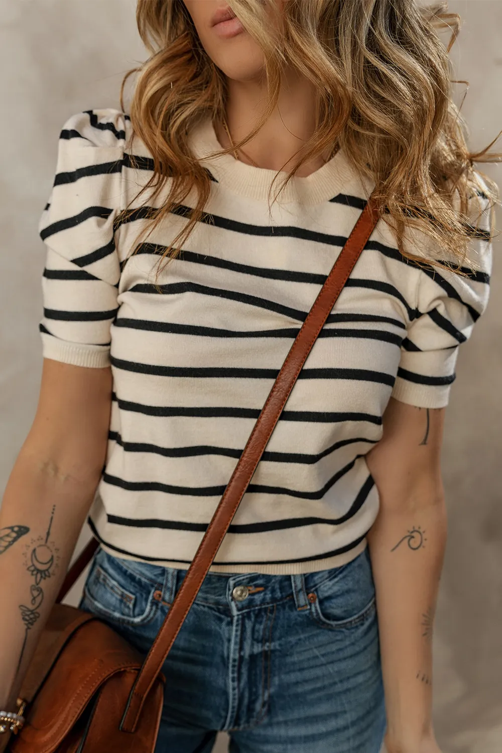 Striped Round Neck Puff Sleeve Knit Top, image 8
