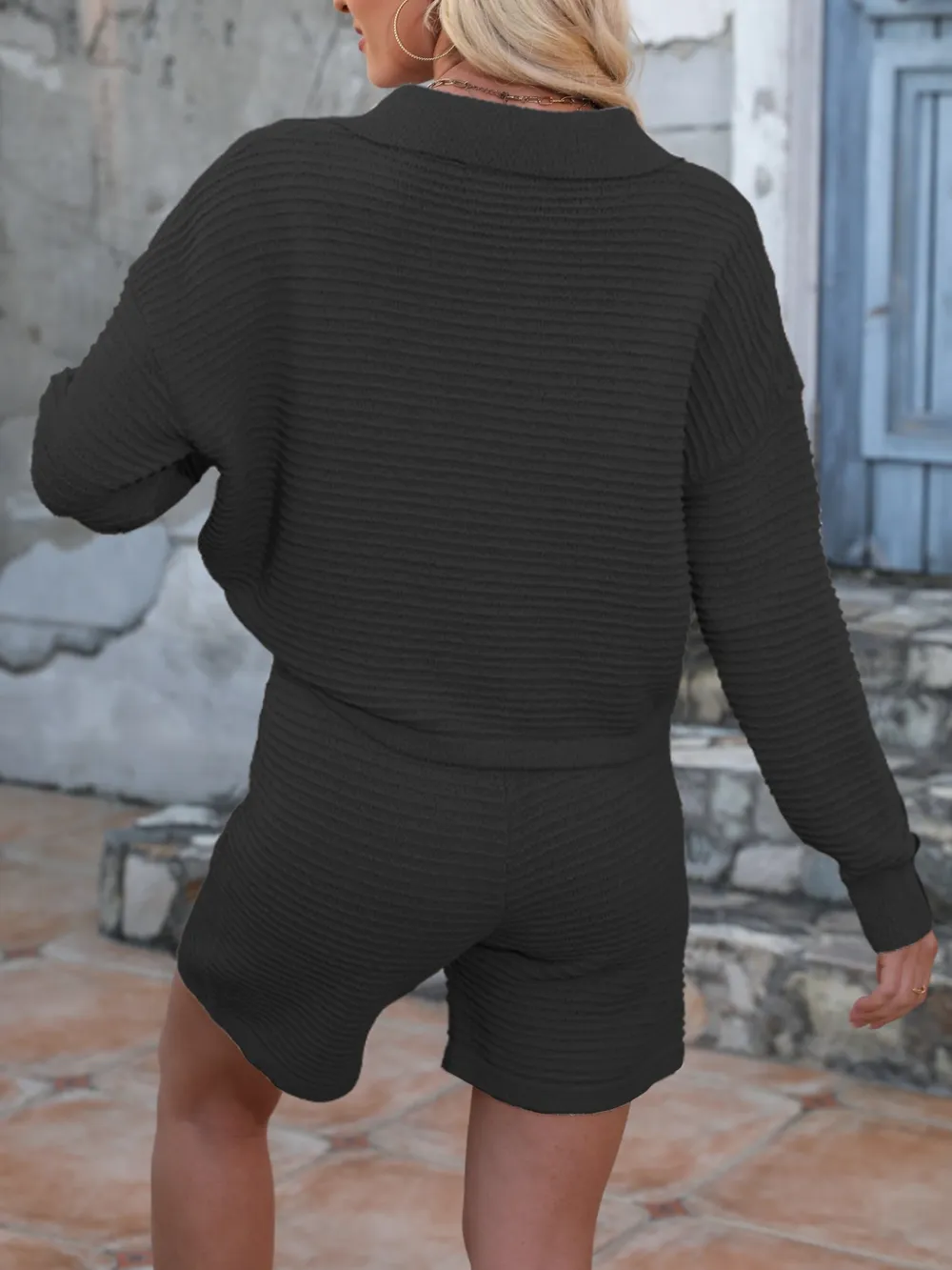 Johnny Collar Long Sleeve Top and Shorts Sweater Set, image 15