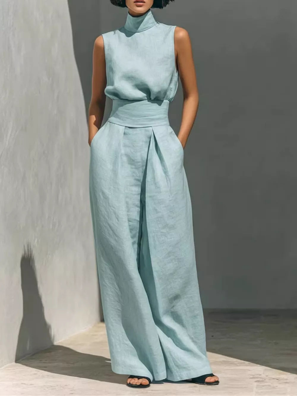 Turtleneck Sleeveless Top and Wide-Leg Pants Set, image 3