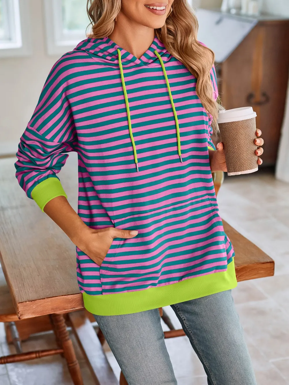 Drawstring Striped Long Sleeve Hoodie, image 13