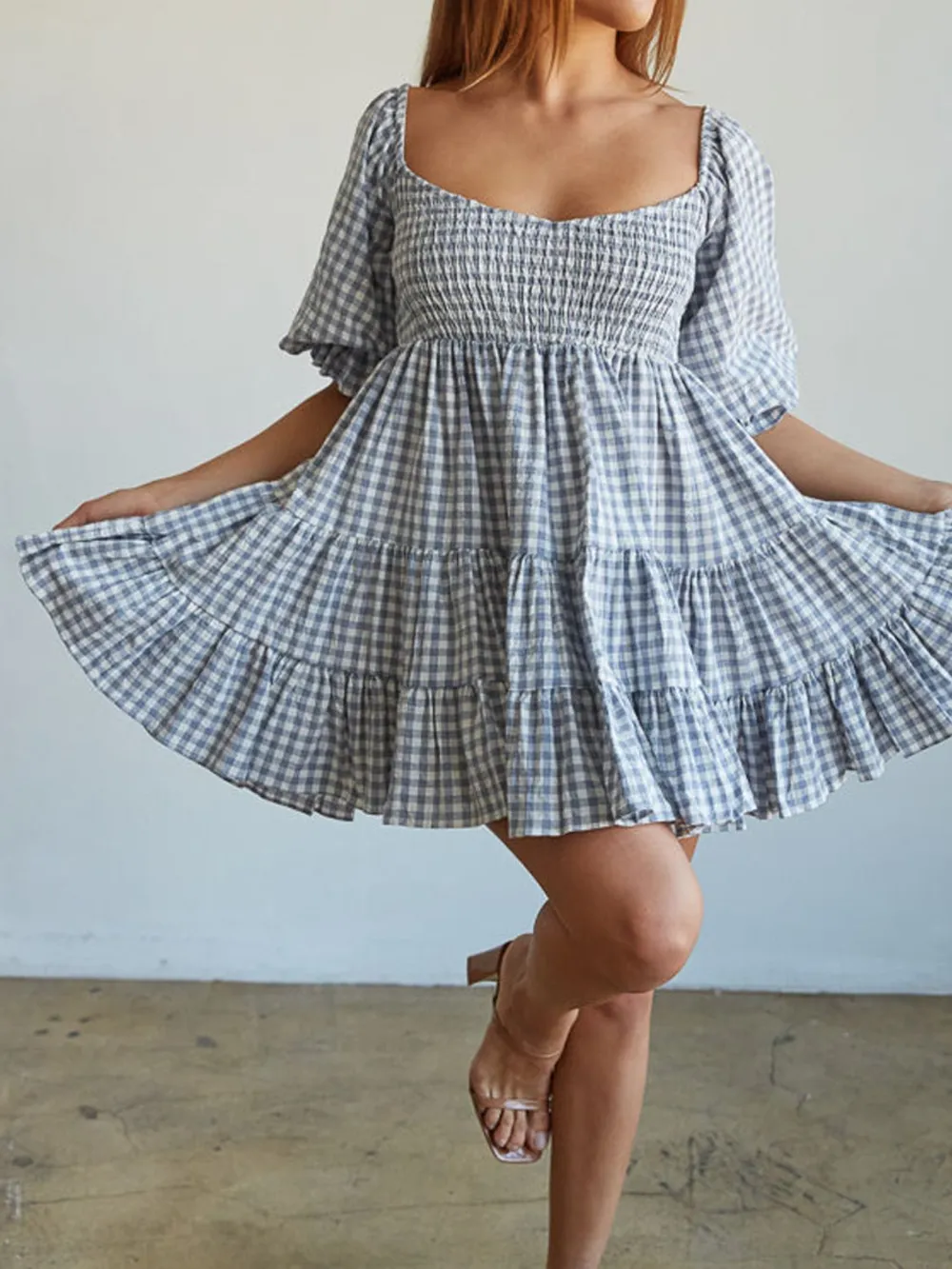 Ruffled Hem Plaid Half Sleeve Mini Dress, image 4