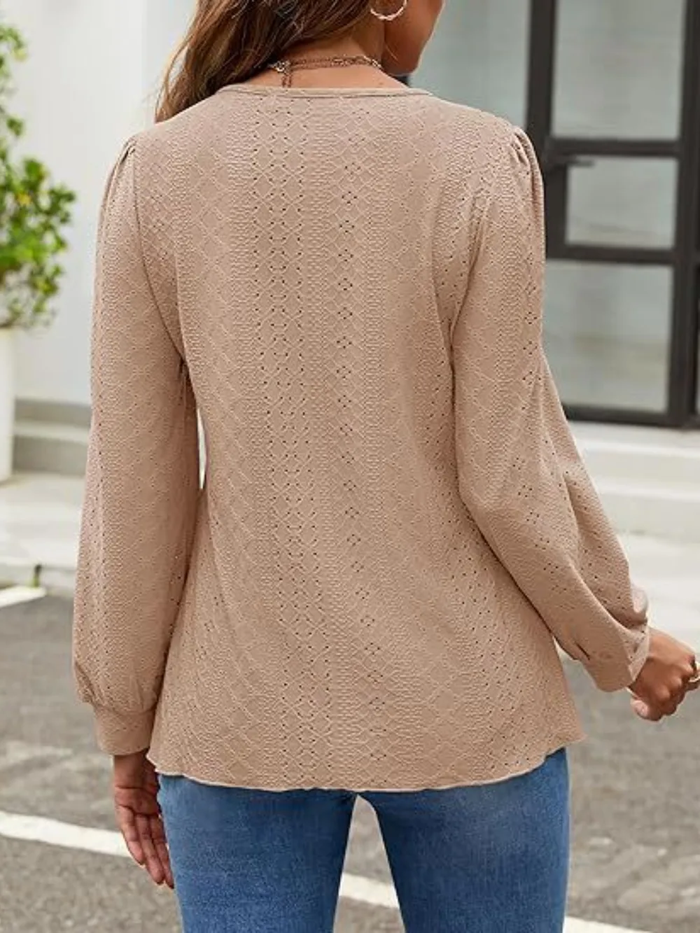 Eyelet Round Neck Long Sleeve Top, image 10