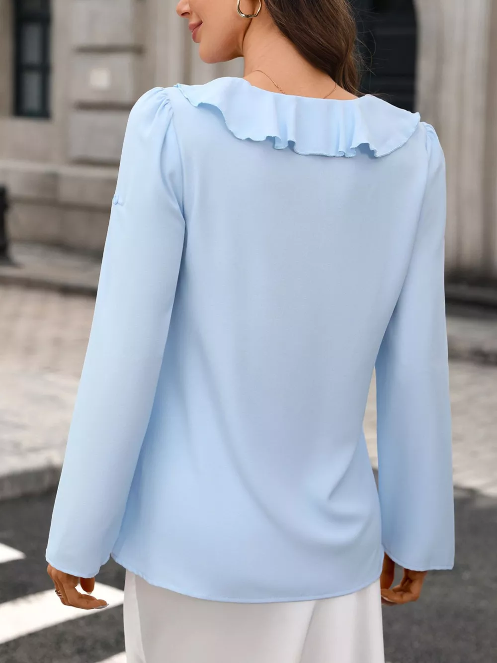Ruffled V-Neck Roll-Up Sleeves Blouse, image 7