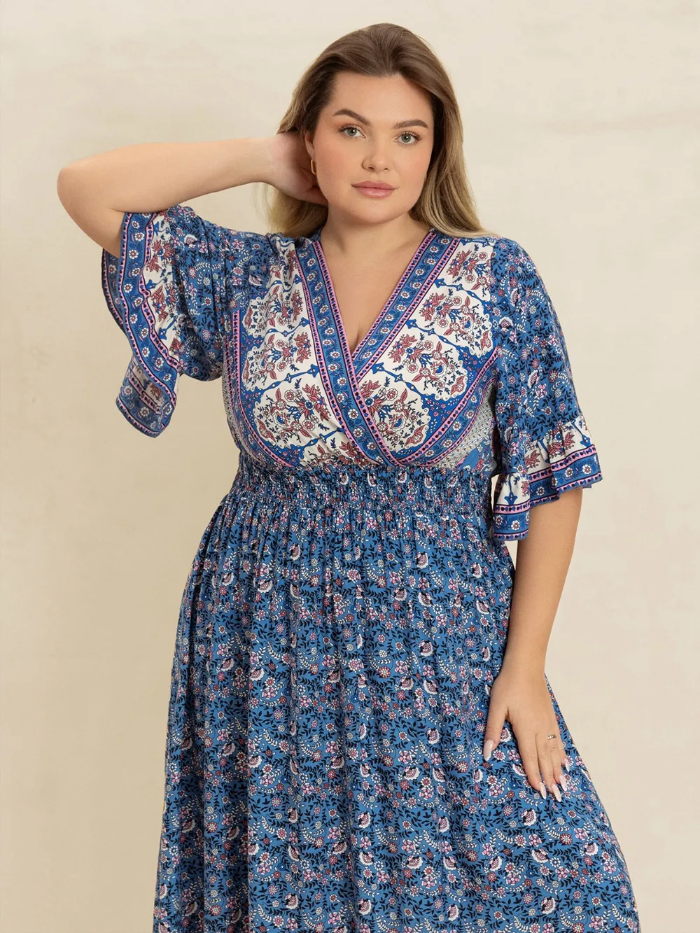 Plus Size Printed Surplice Half Sleeve Dress, image 4