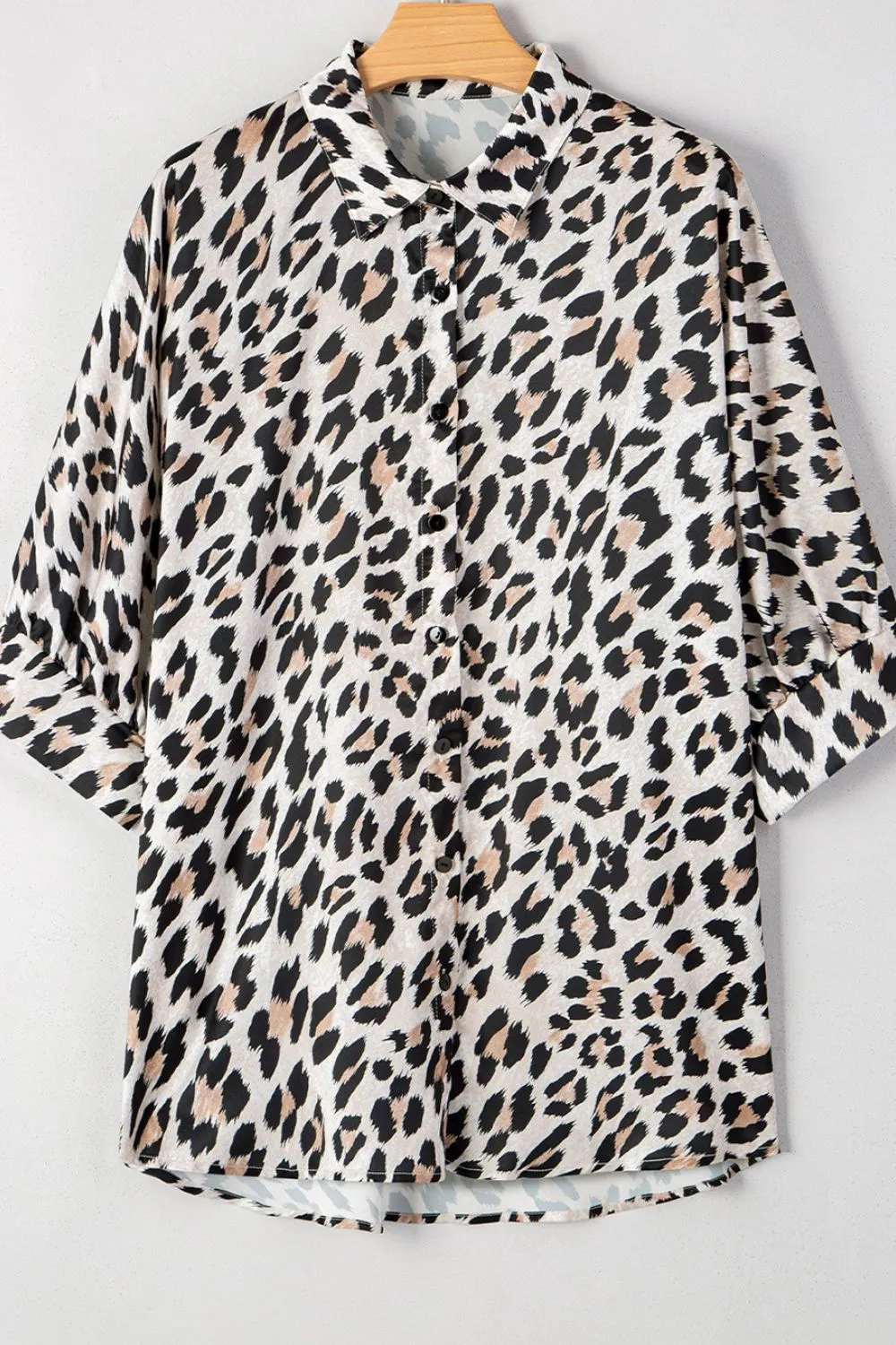 Leopard Print Buttoned 3/4 Sleeve Loose Fit Shirt, image 6
