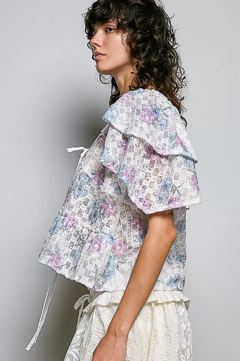POL Lace Detail Floral Tie Front Ruffle Short Sleeve Blouse, image 2