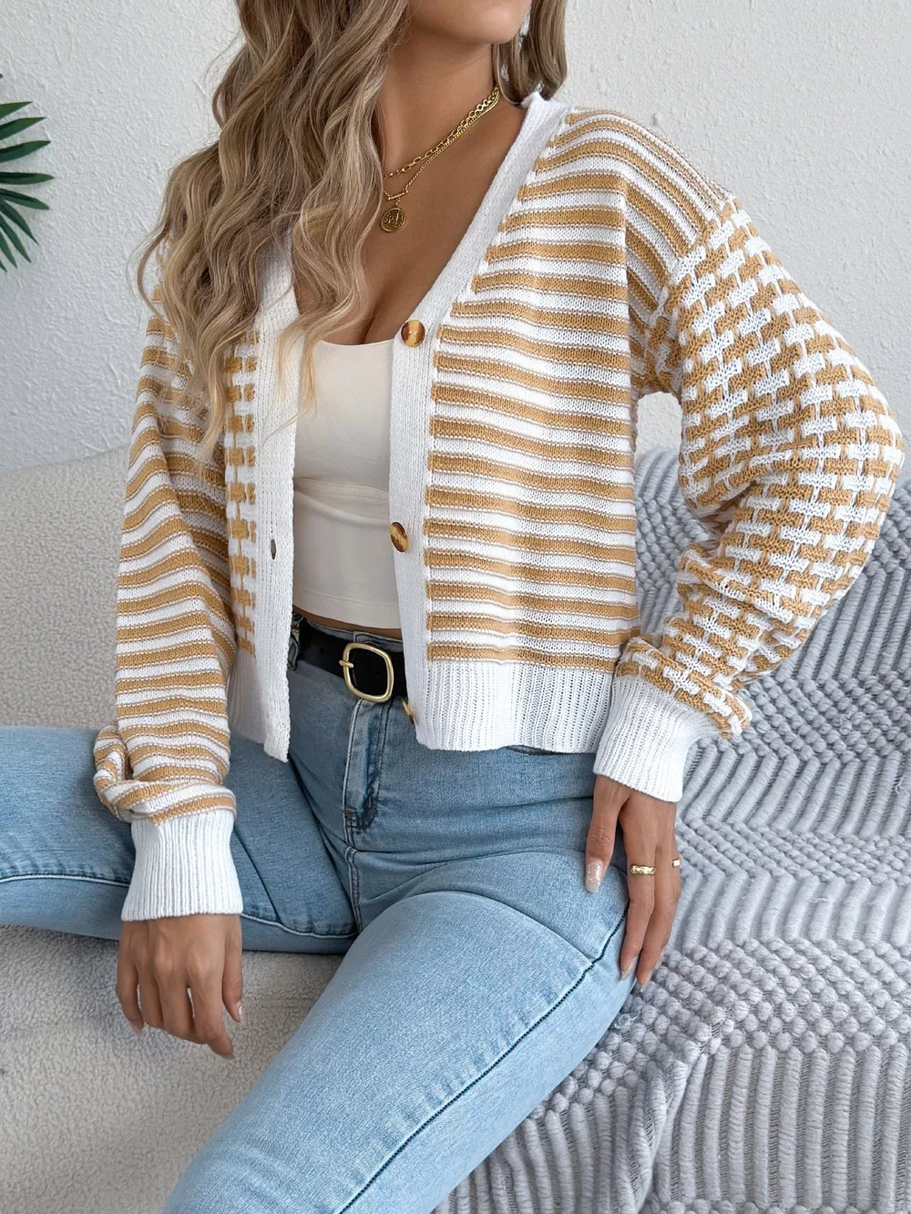 Striped Button-Up Cropped Cardigan, image 16