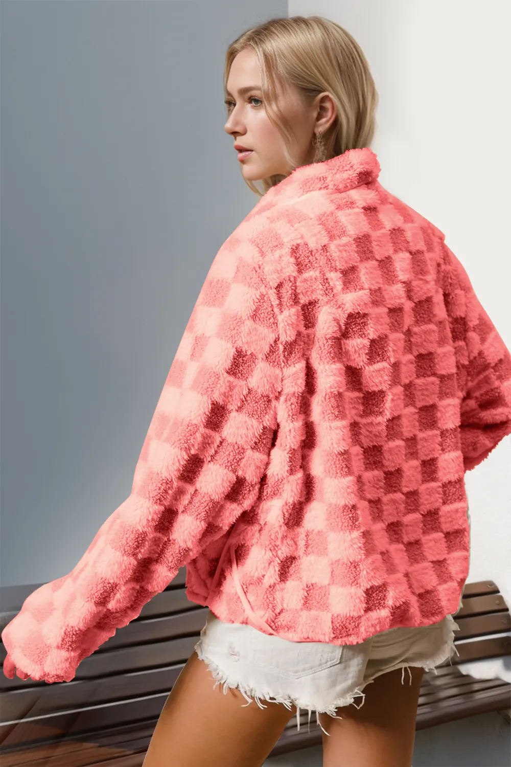 Checkered Long Sleeve Fuzzy Jacket, image 4