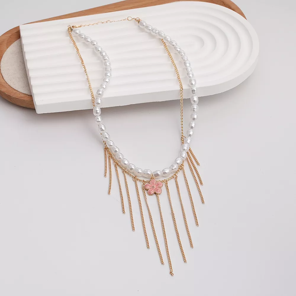 Elegant Pearl Choker Necklace with Flower Charm and Tassel Dangles, image 6