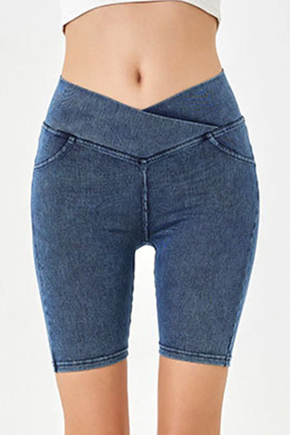 Asymmetrical Waist Denim Shorts with Pockets, image 8