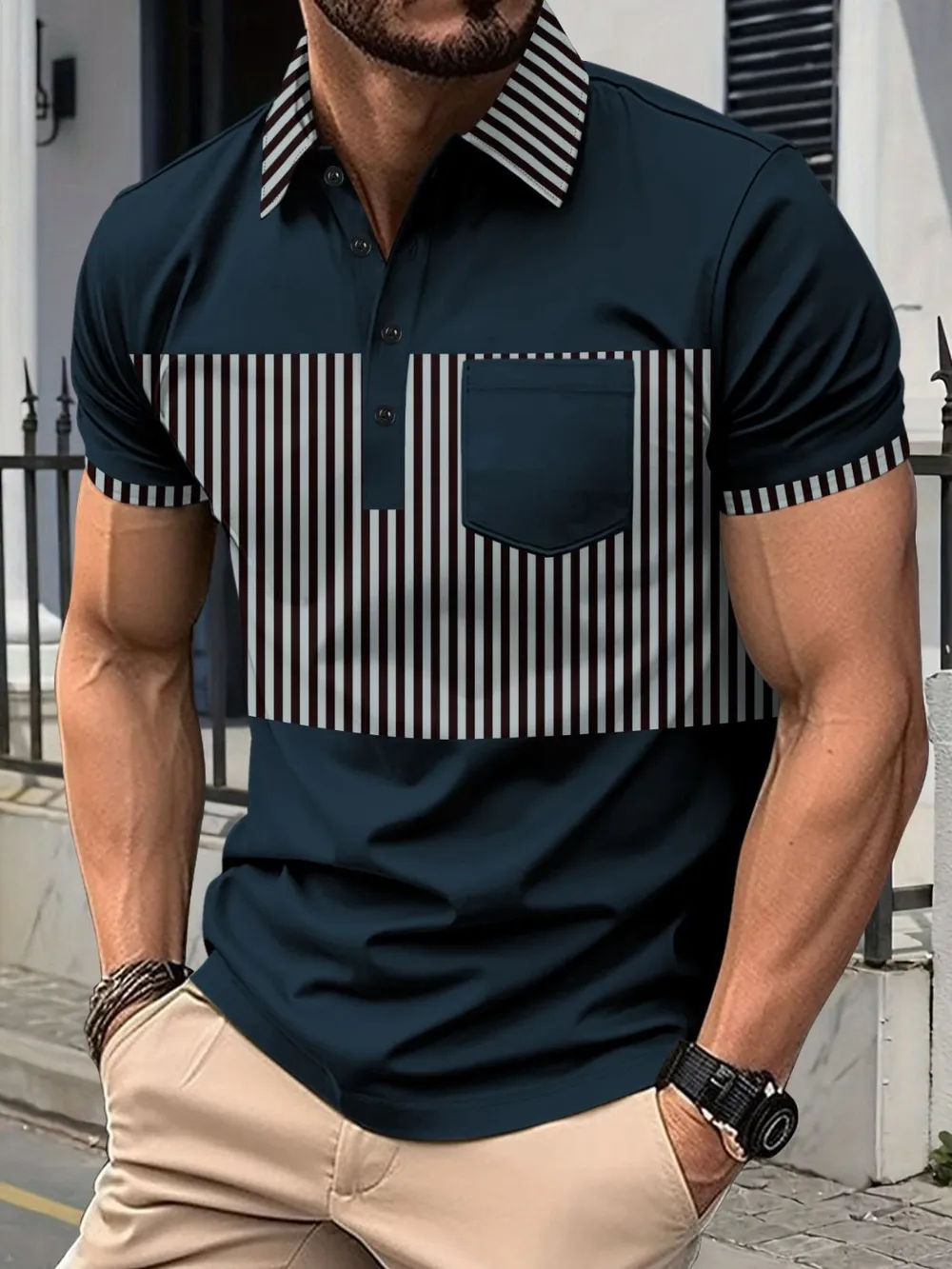 Men's Full Size Collared Contrast Striped Polo Plus Size, image 5