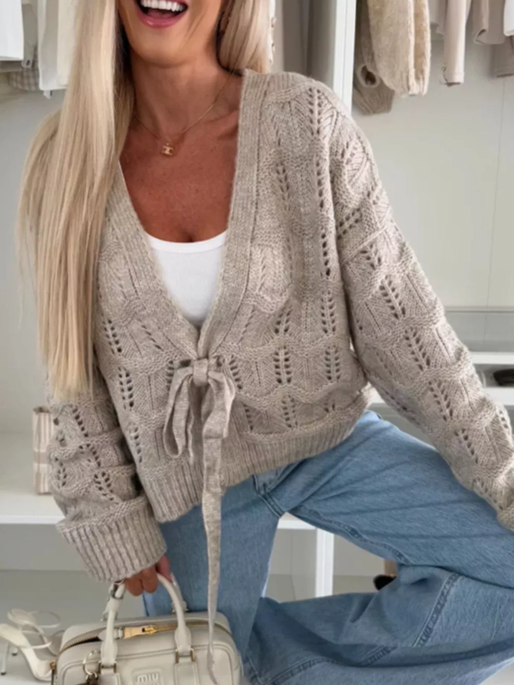 Tie-Front Openwork Cardigan, image 8