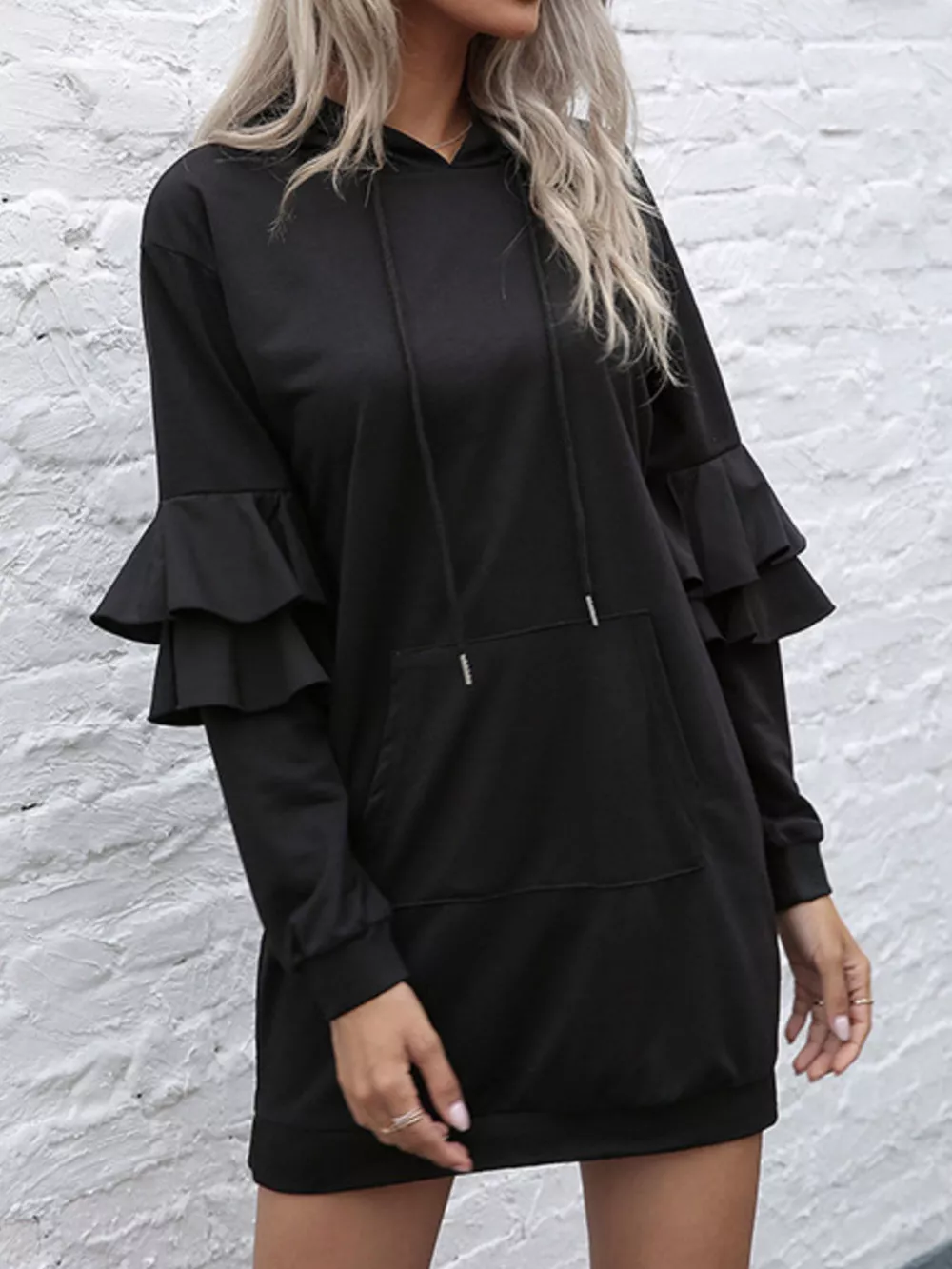 Ruffled Drawstring Long Sleeve Hooded Dress, image 3