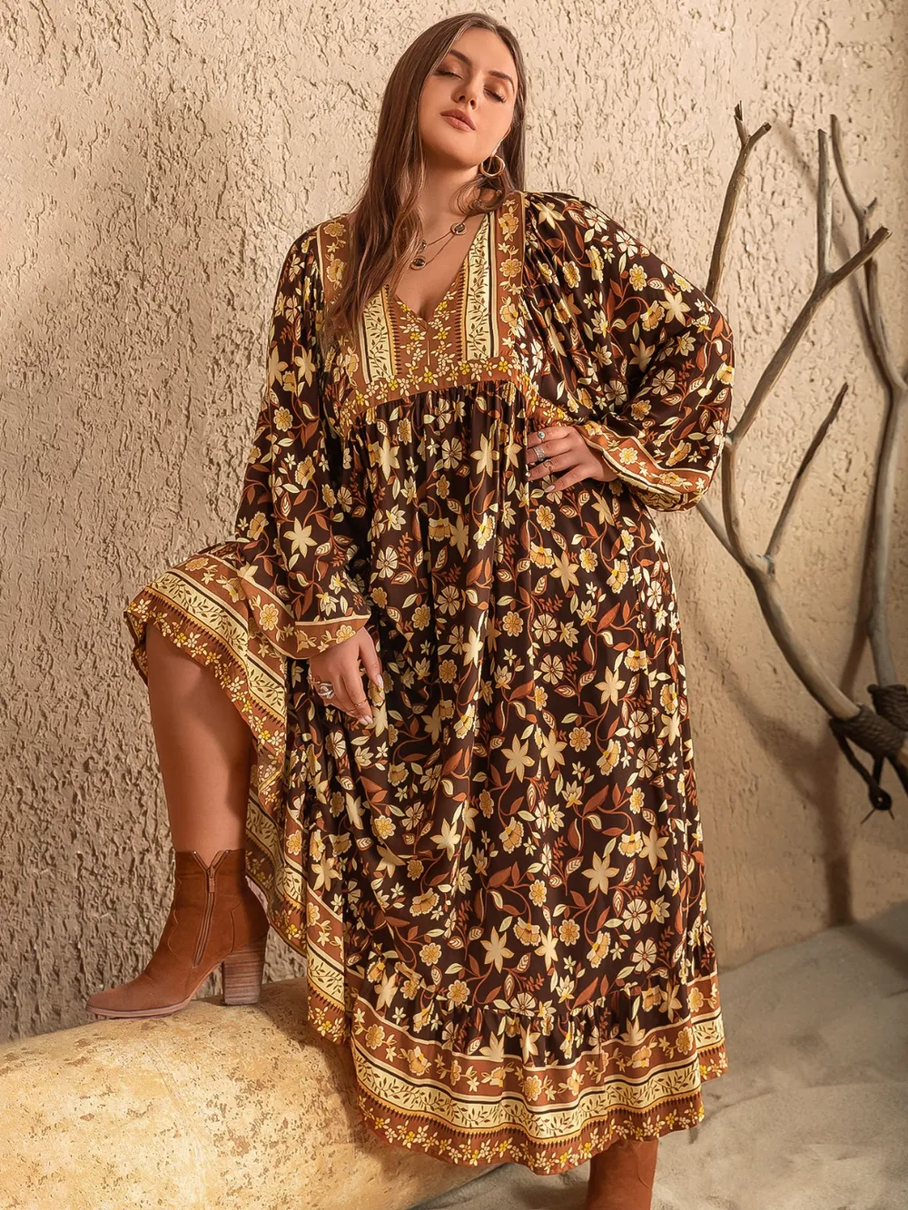 Plus Size Printed V-Neck Balloon Sleeve Dress, image 2