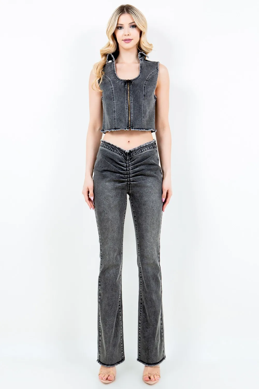 Zip Up Washed Crop Denim Vest, image 2