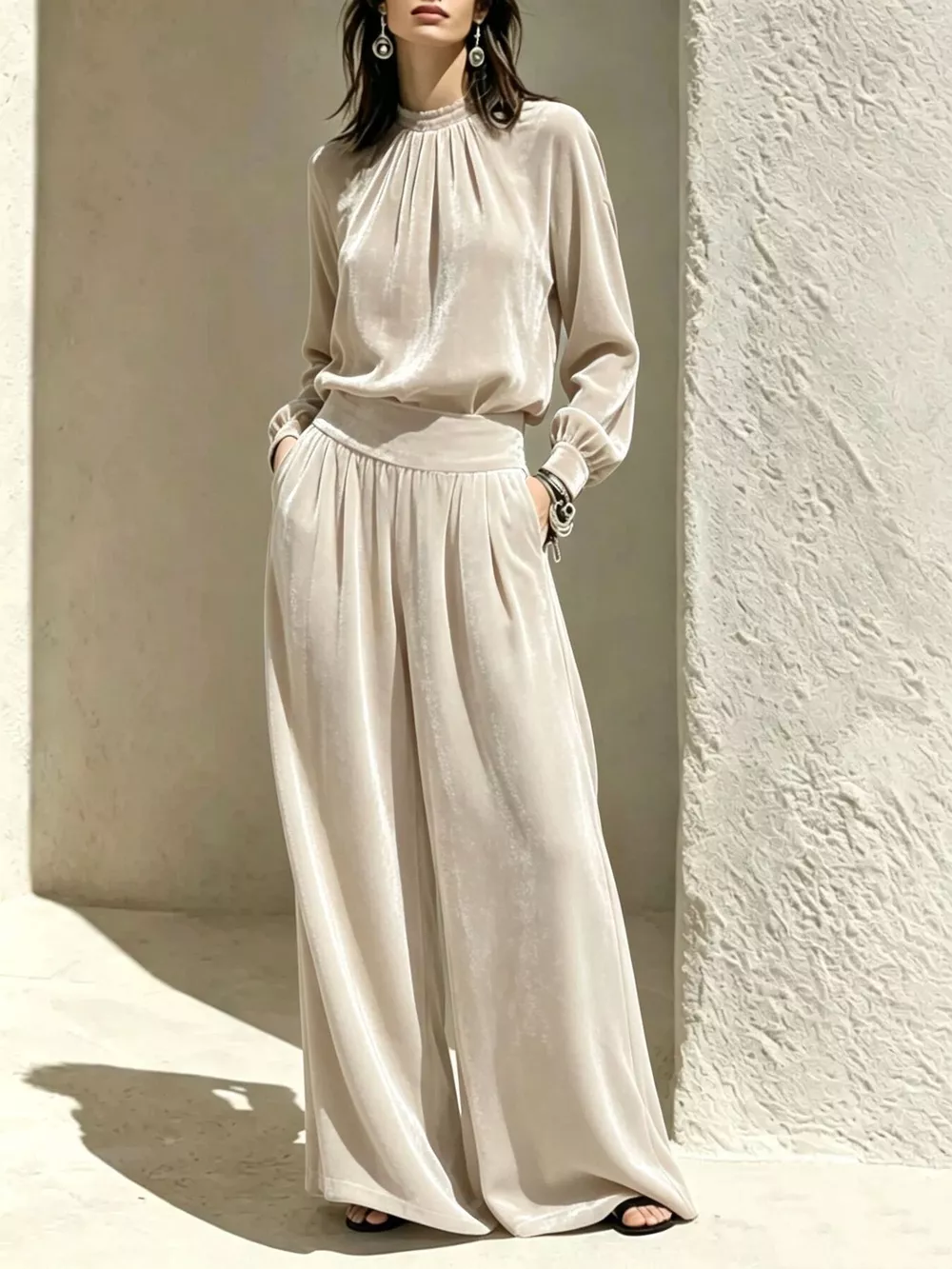 Velvet Mock Neck Long Sleeve Top and Wide-Leg Pants Set