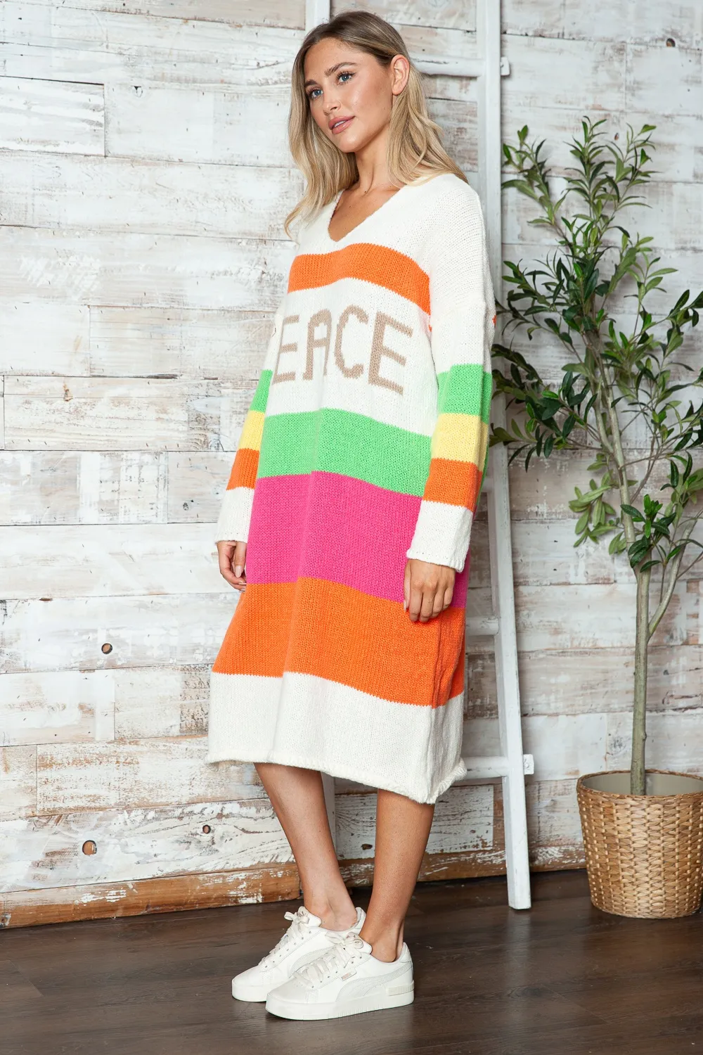 Color Block V-Neck Long Sleeve Sweater Dress, image 8