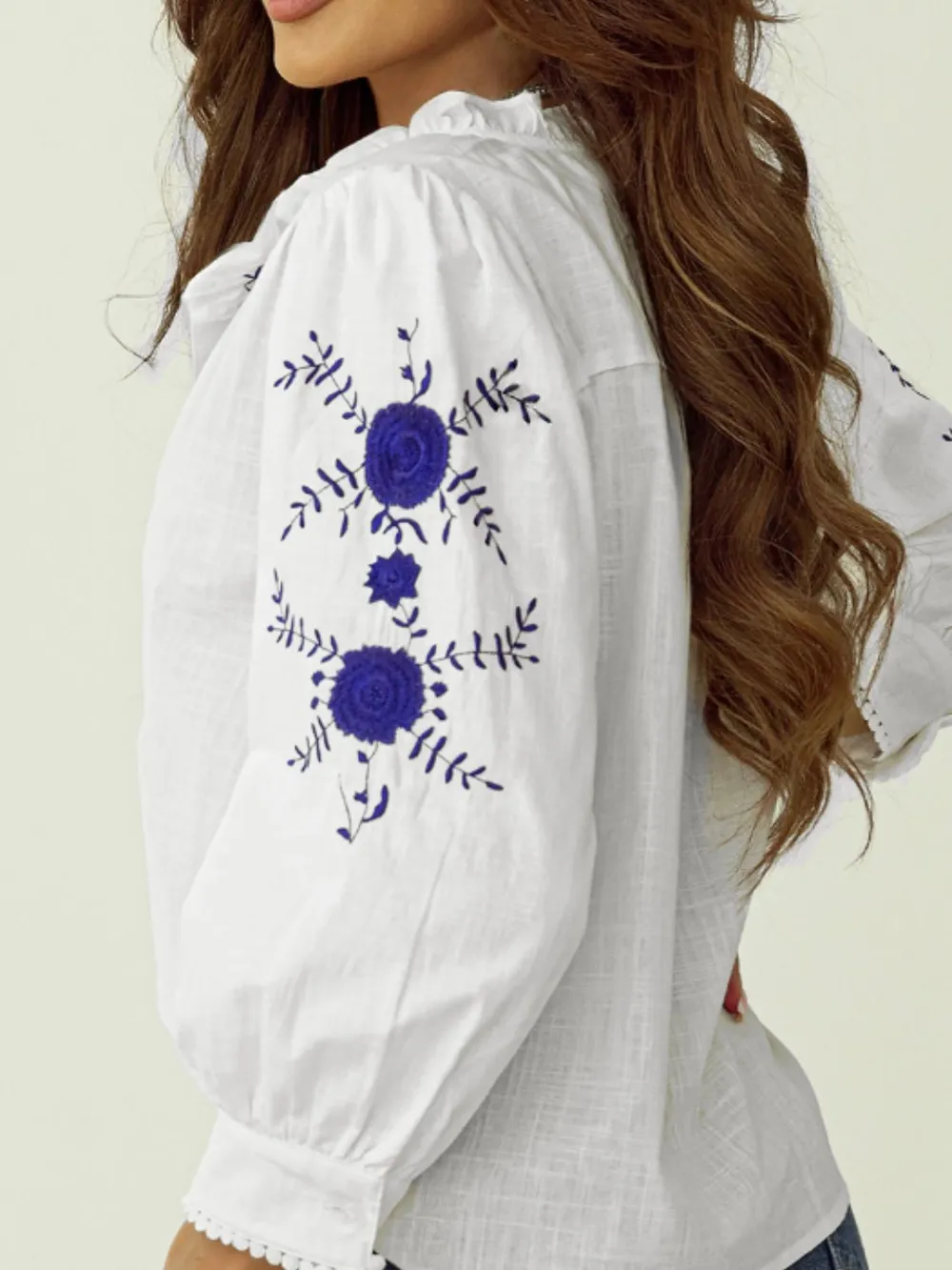 Frill Floral Embroidered Sleeve Shirt, image 4