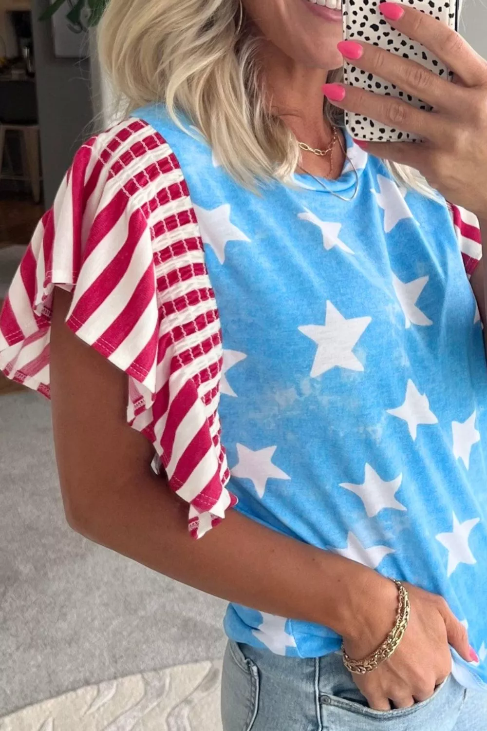 Vintage Star Print Striped Ruffle Sleeve Independence Day Top, image 4