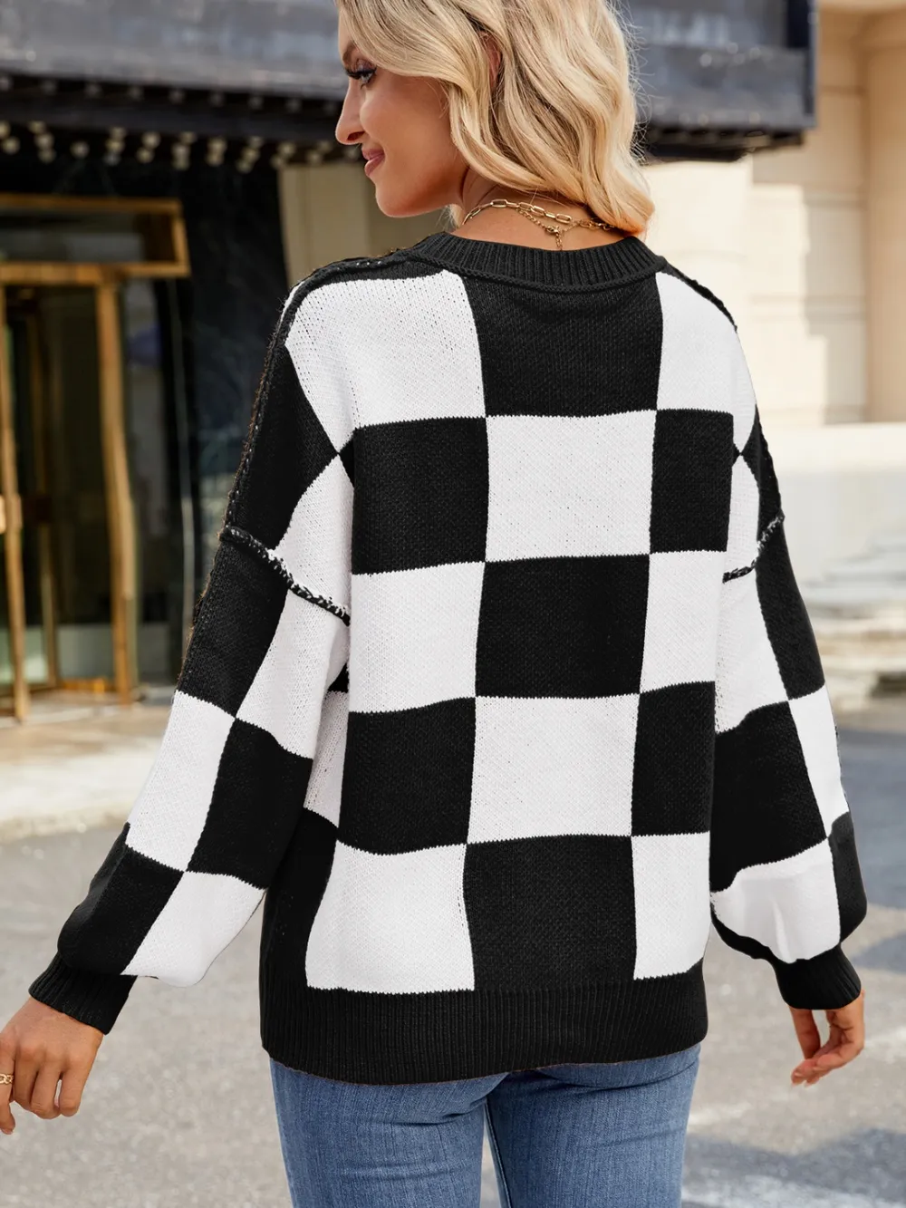 Checkered Round Neck Long Sleeve Sweater, image 7