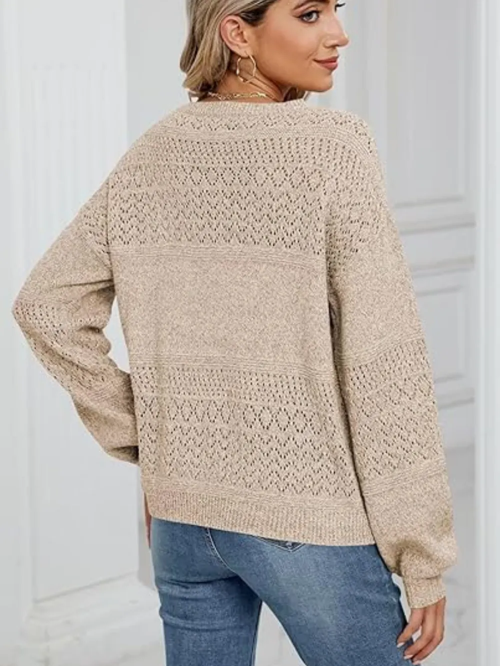Eyelet V-Neck Long Sleeve Sweater, image 7