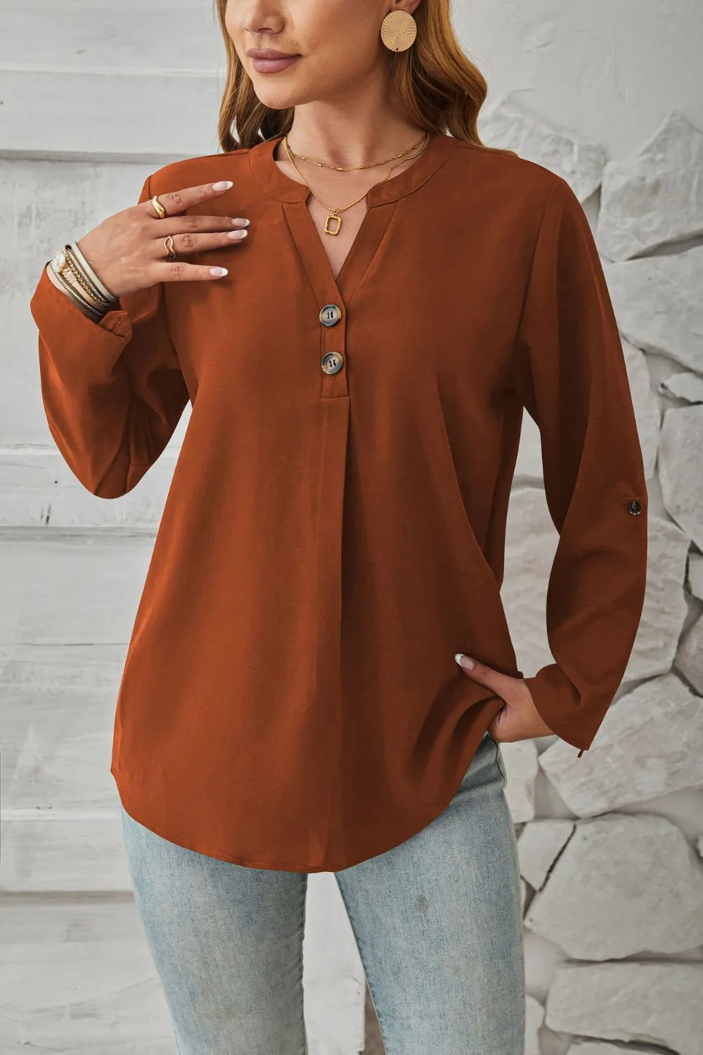 Decorative Button Notched Long Sleeve Blouse, image 11