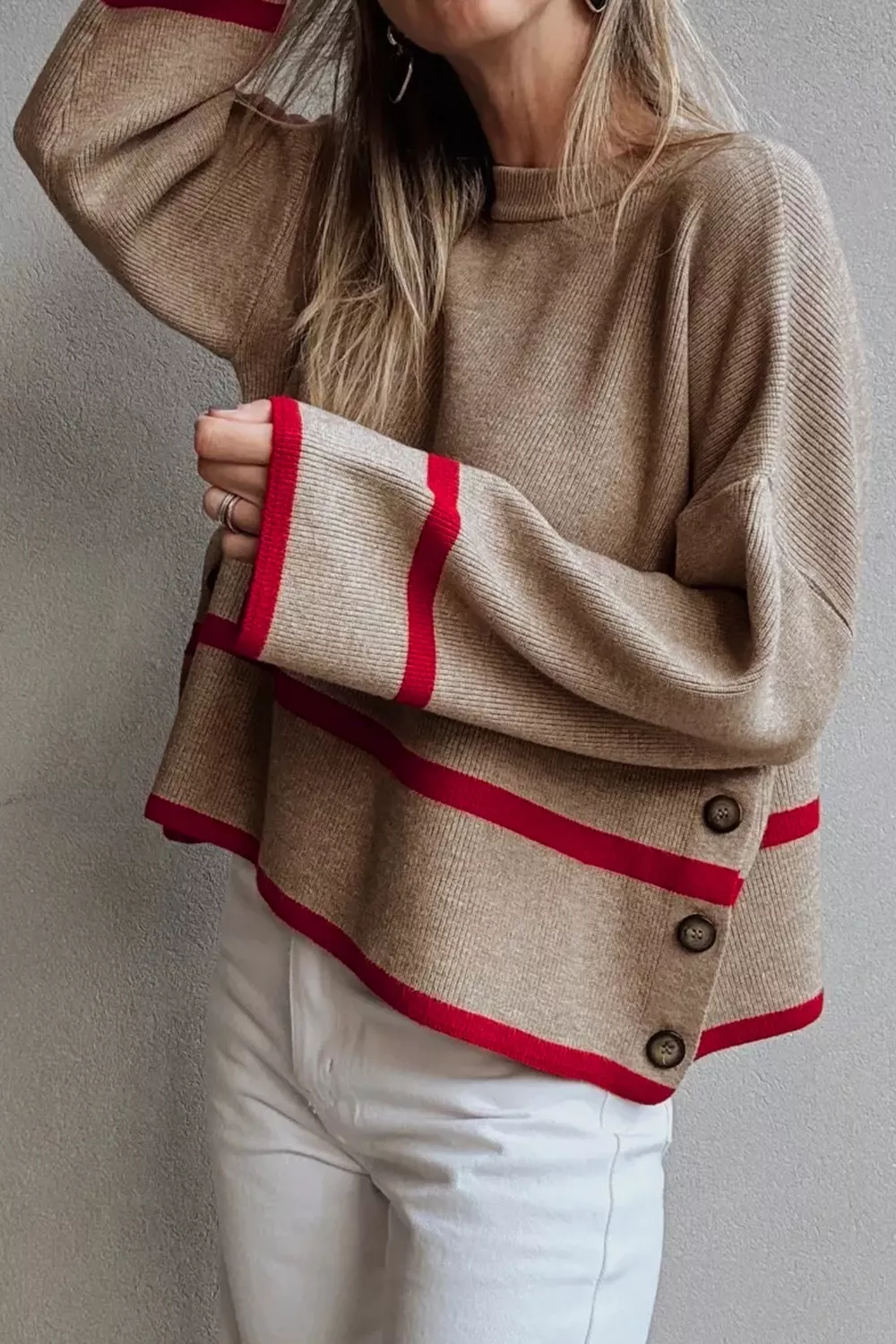 Ribbed Knit Pullover with Contrast Trim, image 3
