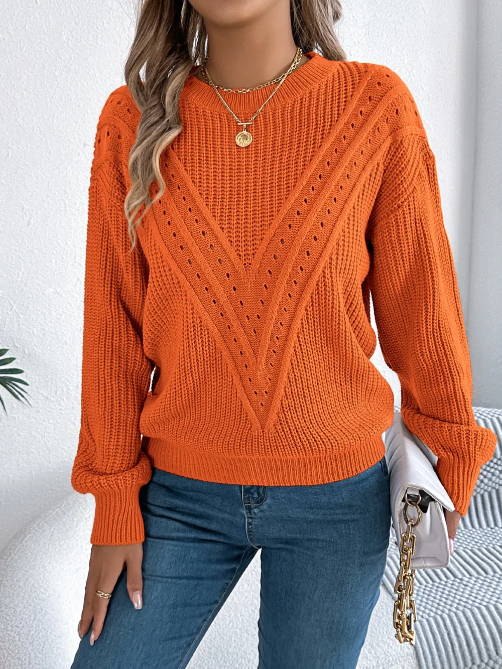 Openwork Round Neck Long Sleeve Sweater, image 12
