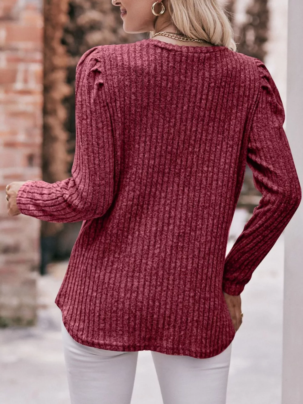 Ribbed Knit Puff Sleeve T-Shirt, image 23