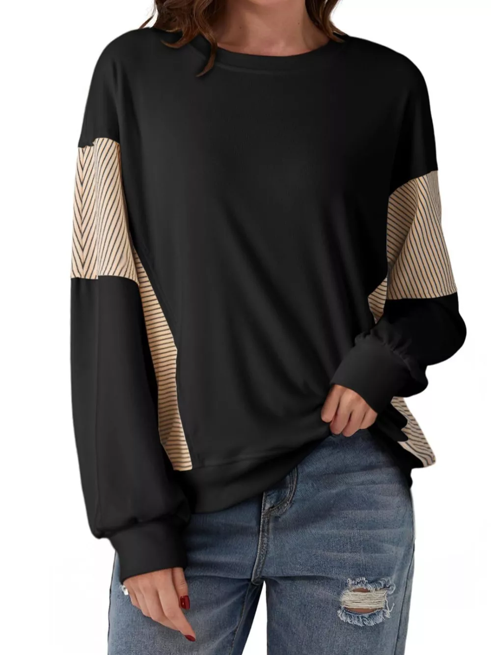 Color Block Striped Sleeve Casual Sweatshirt, image 6
