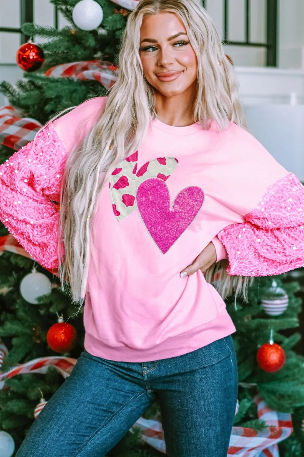 Valentine’s Day Sequin Heart Long Sleeve Sweatshirt, image 5